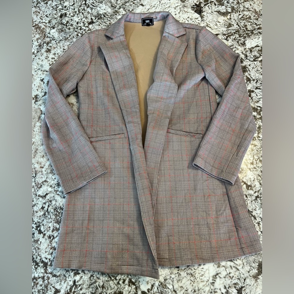 Large Plaid WAVE Coat Blazer Long Sleeve Neutral Tan Beige Womens